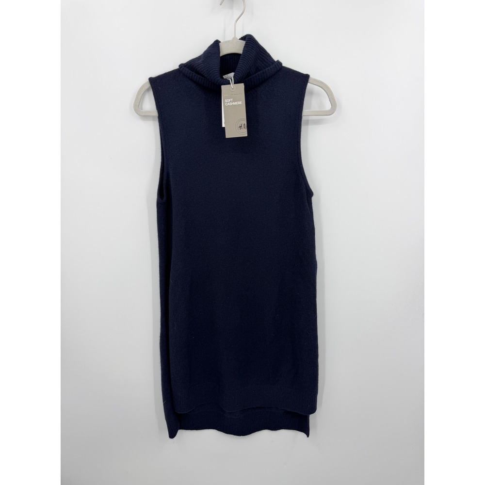 H&M Premium Quality 100% Cashmere Turtleneck Vest Women S Navy Blue Side Slit
